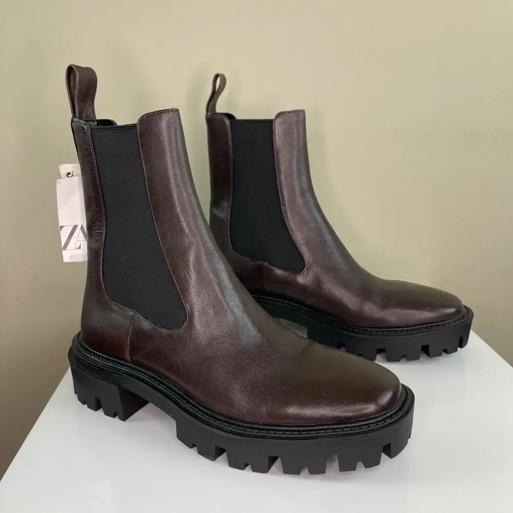 ZARA Brown Leather Ankle Boots Elastic Chunky Heel Track Sole Women 38 7.5 NEW